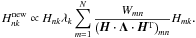 \begin{eqnarray} \label{eq:EM_update_H} H_{nk}^{\rm new} \propto H_{nk}\lambda_k \sum_{m=1}^N \frac{W_{mn}}{\left(\mat H\cdot\mat\Lambda\cdot\mat H^{\rm T}\right)_{mn}} H_{mk}. \end{eqnarray}