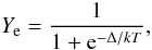 \begin{equation} % \label{eq:ye_formula1} Y_{\rm e} = \frac{1}{1+{\rm e}^{-\Delta/kT}}, \end{equation}