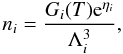 \begin{equation} % n_i = \frac{G_i(T) {\rm e}^{\eta_i}}{\Lambda_i^3}, \label{eq:n_MB} \end{equation}