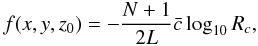 \begin{equation} f(x,y,z_0) = -\frac{N+1}{2L} \bar{c} \log_{10} R_c, \label{absband} \end{equation}