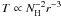 $T \propto N_{\rm H}^{-2}r^{-3}$