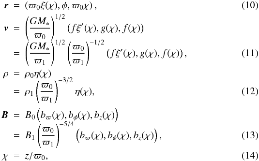 \begin{eqnarray} \label{r_scale} \vec{r}&=& \left( \varpi_\mathrm{0}\xi(\chi),\phi,\varpi_\mathrm{0}\chi \right), \\ \vec{v}&=& \left( \frac{GM_\mathrm{*}}{\varpi_\mathrm{0}} \right)^{1/2} \left( f\xi'(\chi),g(\chi),f(\chi) \right) \nonumber \\ \label{v_scale} &=& \left( \frac{GM_\mathrm{*}}{\varpi_{1}} \right)^{1/2} \left( \frac{\varpi_\mathrm{0}}{\varpi_\mathrm{1}} \right)^{-1/2} \left( f\xi'(\chi), g(\chi),f(\chi) \right), \\ \rho&=&\rho_\mathrm{0} \eta(\chi) \nonumber\\ \label{dens_scale} &=& \rho_\mathrm{1} \left( \frac{\varpi_\mathrm{0}}{\varpi_\mathrm{1}} \right)^{-3/2} \eta(\chi) , \\ \vec{B}&=&B_\mathrm{0} \left( b_\mathrm{\varpi}(\chi), b_\mathrm{\phi}(\chi), b_{z}(\chi) \right) \nonumber \\ \label{B_scale} &=& B_\mathrm{1} \left( \frac{\varpi_\mathrm{0}}{\varpi_\mathrm{1}} \right)^{-5/4} \left( b_\mathrm{\varpi}(\chi), b_\mathrm{\phi}(\chi), b_{z}(\chi) \right), \\ \label{z_scale} \chi&=&z/\varpi_\mathrm{0} , \end{eqnarray}