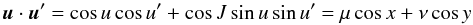 \begin{equation} \EQM{ \uu\dpp\uu' &=& \cos u \cos u' + \cos J \sin u \sin u' \\ &=& \mu \cos x + \nu \cos y \label{eq.uupJ} } \end{equation}