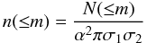 \begin{equation} n({\leq} m) = \frac{N({\leq} m)}{\alpha^2 \pi \sigma_{\rm 1}\sigma_{\rm 2}} \label{eq-density} \end{equation}