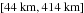 $\left[\mbox{44~km}, \mbox{414~km}\right]$