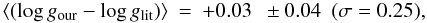 \begin{eqnarray} \langle(\log g_{\rm our}- \log g_{\rm lit})\rangle&=&+0.03 ~~\pm 0.04 ~~(\sigma=0.25), \end{eqnarray}