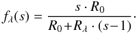 \begin{equation} \label{eq:scalingfunc} f_{\lambda}\!\left(s\right) = \frac{s\cdot R_0}{R_0\!+\!R_{\lambda}\cdot\left(s\!-\!1\right)}\cdot \end{equation}