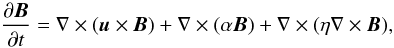 \begin{equation} \frac{\partial \vec{B}}{\partial{t}}= \nabla\times (\vec{u} \times \vec{B}) + \nabla \times (\alpha \vec{B}) + \nabla \times (\eta \nabla \times \vec{B}), \end{equation}
