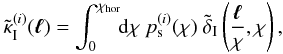 \begin{equation} \label{eq:d2kappa_I} \tilde{\kappa}^{(i)}_{\rm I}(\vek{\ell})=\int_0^{\chi_{\rm hor}}\!\!{\rm d}\chi~ p_{\rm s}^{(i)}(\chi)~ \tilde{\delta}_{\rm I}\br{\frac{\vek{\ell}}{\chi},\chi} , \end{equation}