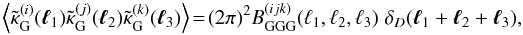 \begin{equation} \label{eq:fbisp} \ba {\tilde{\kappa}_{\rm G}^{(i)}(\vek{\ell}_1)\tilde{\kappa}_{\rm G}^{(j)}(\vek{\ell}_2) \tilde{\kappa}_{\rm G}^{(k)}(\vek{\ell}_3)}\!=\!(2\pi)^2 B^{(ijk)}_{\rm GGG}({\ell}_1,{\ell}_2,{\ell}_3)\;\delta_D(\vek{\ell}_1+\vek{\ell}_2+\vek{\ell}_3) , \end{equation}