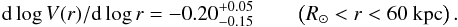 \begin{equation} {\rm d} \log V(r)/{\rm d} \log r = -0.20^{+0.05}_{-0.15} \qquad \left(R_\odot<r<60~{\rm kpc}\right). \end{equation}