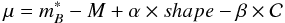 \begin{equation} \mu = m^*_B - M + \alpha \times shape - \beta \times \col \label{eq:distance-modulus} \end{equation}