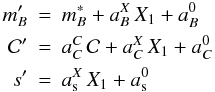 \begin{eqnarray} m'_B &=& m^*_B + a_B^X \, X_1 + a_B^0 \nonumber \\ \col' &=& a_C^C \, \col + a_C^X \, X_1 + a_C^0 \nonumber \\ \label{eq:salt2-transfo}s' &=& a_{\rm s}^X \, X_1 + a_{\rm s}^0 \end{eqnarray}