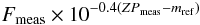 \begin{equation} F_{\rm meas} \times 10^{-0.4 (ZP_{\rm meas}-m_{\rm ref})} \label{eq:meas_data} \end{equation}