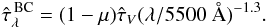 \begin{equation} \hat\tau_\lambda^\mathrm{\,BC} = (1-\mu) \hat\tau_V (\lambda/5500~\mathrm{\AA})^{-1.3}. \label{tau_bc} \end{equation}