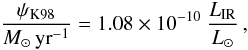 \begin{equation} \frac{\psi_\mathrm{K98}}{M_{\odot}\,\mathrm{yr}^{-1}}=1.08\times10^{-10}~\frac{L_\mathrm{IR}}{L_{\odot}}\,, \label{sfr_k98} \end{equation}