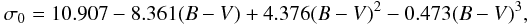 \begin{equation} \sigma_{0} = 10.907 - 8.361(B-V) + 4.37 6(B-V)^{2} - 0.473(B-V)^{3}, \end{equation}