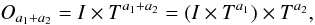 \begin{equation} O_{a_1 + a_2}=I\times T^{a_1 + a_2}=(I\times T^{a_1}) \times T^{a_2}, \label{eqt2} \end{equation}