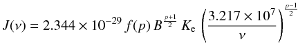 \begin{equation} \label{eq_synchro_emiss} J(\nu) = 2.344 \times 10^{-29} \, f(p) \, B^{\frac{p+1}{2}} \, K_{\rm e} \, \left( \frac{3.217 \times 10^{7}}{\nu} \right)^{\frac{p-1}{2}} \end{equation}