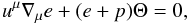 \begin{equation} \label{internal_energy} u^\mu\nabla_\mu e + (e+p)\Theta=0, \end{equation}
