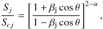 \begin{equation} \frac {S\!_{j}} {S\!_{cj}} = \left[ \frac {1 + \beta_{\rm j} \cos\theta} {1 - \beta_{\rm j} \cos\theta} \right]^{2-\alpha}, \label{eq:sidedness} \end{equation}