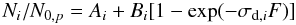 \begin{equation} N_i/N_{0,p}= A_i + B_i [1- \exp(-\sigma_{{\rm d},i} F)] \label{eq:SigmaForm} \end{equation}