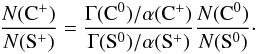 \begin{equation} {{N({\rm C}^+)} \over {N({\rm S}^+)}} = {{\Gamma({\rm C}^0)/\alpha({\rm C}^+)} \over {\Gamma({\rm S}^0)/\alpha({\rm S}^+)}} {{N({\rm C}^0)} \over {N({\rm S}^0)}}\cdot \end{equation}