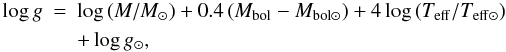 \begin{eqnarray*} \log g &=& \log \left(M/M_{\odot}\right) + 0.4\left(M_{\rm bol}-M_{\rm bol{\odot}}\right) + 4 \log \left(T_{\rm {eff}}/T_{\rm {eff}\odot}\right)\\ &&+ \log g_{\odot}, \end{eqnarray*}
