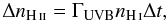 \begin{equation} \Delta n_{{\mbox{\scriptsize\ion{H}{ii}}}}= \Gamma_{\rm UVB}n_{{\mbox{\scriptsize\ion{H}{i}}}}\Delta t, \label{eq:ionEquiCell} \end{equation}