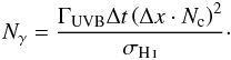 \begin{equation} N_{\gamma}=\frac{\Gamma_{\rm UVB}\Delta t\left(\Delta x\cdot N_{\rm c}\right)^{2}}{\sigma_{{\mbox{\scriptsize\ion{H}{i}}}}}\cdot \label{eq:backPhotCont} \end{equation}