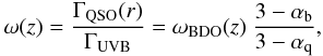 \begin{equation} \omega(z)=\frac{\Gamma_{{\rm QSO}}(r)}{\Gamma_{{\rm UVB}}}= \omega_{\rm BDO}(z)\ \frac{3-\alpha_{\rm b}}{3-\alpha_{\rm q}}, \label{eq:omega2} \end{equation}