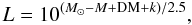 \begin{equation} L = 10^{ ( M_{\odot} - M + {\rm DM} + k) / 2.5}, \end{equation}
