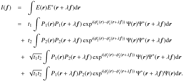 \appendix \setcounter{section}{1} \begin{eqnarray} I({\vec f}) &=& \int E({\vec r})E^{\ast}({\vec r}+\lambda{\vec f}) \mathrm{d}{\vec r} \nonumber \\ &=& t_1 \int P_1({\vec r}) P_1({\vec r}+\lambda{\vec f})\exp^{i(\phi^r_1({\vec r})-\phi^r_1({\vec r}+\lambda{\vec f}))} \Psi({\vec r})\Psi^{\ast}({\vec r}+\lambda{\vec f}) \mathrm{d}{\vec r} \nonumber \\ &\quad +& t_2 \int P_2({\vec r}) P_2({\vec r}+\lambda{\vec f})\exp^{i(\phi^r_2({\vec r})-\phi^r_2({\vec r}+\lambda{\vec f}))} \Psi({\vec r})\Psi^{\ast}({\vec r}+\lambda{\vec f}) \mathrm{d}{\vec r} \nonumber \\ &\quad +& \sqrt{t_1t_2} \int P_1({\vec r}) P_2({\vec r}+\lambda{\vec f})\exp^{i(\phi^r_1({\vec r})-\phi^r_2({\vec r}+\lambda{\vec f}))} \Psi({\vec r})\Psi^{\ast}({\vec r}+\lambda{\vec f}) \mathrm{d}{\vec r} \nonumber \\ &\quad +& \sqrt{t_1t_2} \int P_1({\vec r}+\lambda{\vec f}) P_2({\vec r})\exp^{i(\phi^r_2({\vec r})-\phi^r_1({\vec r}+\lambda{\vec f}))} \Psi^{\ast}({\vec r}+\lambda{\vec f})\Psi({\vec r}) \mathrm{d}{\vec r}. \end{eqnarray}
