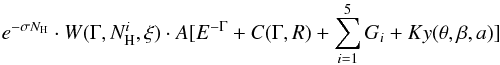 \begin{equation} e^{-\sigma N_{\rm H}} \cdot W(\Gamma,N^i_{\rm H},\xi) \cdot A [ E^{-\Gamma} + C(\Gamma,R) + \sum_{i=1}^5 G_i + Ky(\theta,\beta,a)] \label{baseline} \end{equation}
