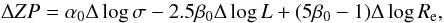 \begin{equation} \Delta ZP=\alpha_0\Delta \log \sigma -2.5\beta_0\Delta \log L+(5\beta_0-1)\Delta \log R_{\rm e}, \label{eq_deltazp} \end{equation}