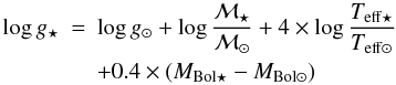 \begin{eqnarray*} \logg_{\star} &=& \logg_{\odot} + \log{\frac{\mathcal{M}_{\star}}{\mathcal{M}_{\odot}}} + 4 \times \log \frac{T_{\mathrm{eff}\star}}{T_{\mathrm{eff}\odot}} \\ & &+ 0.4 \times (M_{\mathrm{Bol}\star} - M_{\mathrm{Bol}\odot}) \end{eqnarray*}