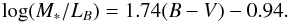 \begin{equation} \log(M_*/L_B)= 1.74(B-V)-0.94\label{color}. \end{equation}