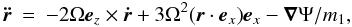 \begin{eqnarray} \label{eq:hills}\vec{\ddot{r}} &=& -2\Omega \vec{e}_z\times \vec{\dot{r}} + 3 \Omega^2 (\vec{r} \cdot \vec{e}_x) \vec{e}_x - \vec{\nabla} \Psi/m_1, \end{eqnarray}
