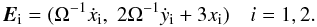 \begin{eqnarray} {{\vec E}}_{\rm i} = (\Omega^{-1}{\dot x}_{\rm i},\;2\Omega^{-1}\dot y_{\rm i}+3x_{\rm i} )\ \ \ \ i=1,2 \label{eq:defevec}. \end{eqnarray}