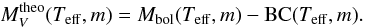 \begin{equation} \label{eq:MV} M_V^{\rm theo}(\Teff,m)=M_{\rm bol}(\Teff,m)-{\rm BC}(\Teff,m). \end{equation}