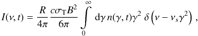 \begin{eqnarray} \label{intensityspec1} I(\nu,t)=\frac{R}{4\pi}\frac{c\sigma_{\rm T} B^2}{6\pi}\intl_{0}^{\infty}\td{\gamma}n(\gamma,t)\gamma^2\DELF{\nu-\nu_s\gamma^2} \, , \end{eqnarray}