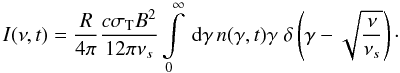 \begin{eqnarray} \label{intensityspec2} I(\nu,t)=\frac{R}{4\pi}\frac{c\sigma_{\rm T} B^2}{12\pi\nu_s}\intl_{0}^{\infty}\td{\gamma}n(\gamma,t)\gamma\DELF{\gamma-\sqrt{\frac{\nu}{\nu_s}}}\cdot \end{eqnarray}