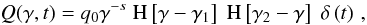 \begin{eqnarray} \label{injecteldis}Q(\gamma,t)=q_0\gamma^{-s}\HSF{\gamma-\gamma_1}\HSF{\gamma_2-\gamma}\DELF{t}\, , \end{eqnarray}