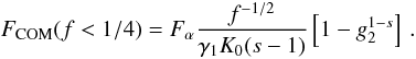 \begin{eqnarray} \label{fs3a01b1} \Fc(f<1/4)=\Fa\frac{f^{-1/2}}{\gamma_1K_0(s-1)} \left[ 1-g_2^{1-s} \right] \, . \end{eqnarray}