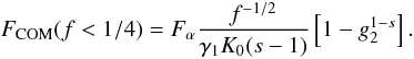 \begin{eqnarray} \Fc(f<1/4)=\Fa\frac{f^{-1/2}}{\gamma_1K_0(s-1)} \left[ 1-g_2^{1-s} \right]. \label{f1s3a01c1} \end{eqnarray}