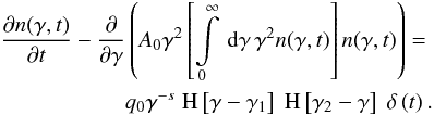 \appendix \setcounter{section}{1} \begin{eqnarray} \label{nleldispde1} \frac{\pd{n(\gamma,t)}}{\pd{t}} - \frac{\pd}{\pd{\gamma}}\left( A_0\gamma^2\left[\intl_{0}^{\infty}\td{\gamma}\gamma^2 n(\gamma,t)\right] n(\gamma,t) \right) = \nonumber \\ q_0\gamma^{-s}\HSF{\gamma-\gamma_1}\HSF{\gamma_2-\gamma}\DELF{t}. \end{eqnarray}