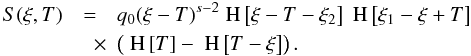 \appendix \setcounter{section}{1} \begin{eqnarray} \label{solmethodcharact2}S(\xi,T) &=& q_0 (\xi-T)^{s-2}\HSF{\xi-T-\xi_2}\HSF{\xi_1-\xi+T} \nonumber \\ &\quad \times& \left( \HSF{T}-\HSF{T-\xi} \right). \end{eqnarray}