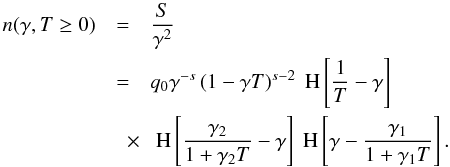 \appendix \setcounter{section}{1} \begin{eqnarray} \label{nleldis1} n(\gamma,T\geq 0)& =& \frac{S}{\gamma^2} \nonumber \\ &=& q_0 \gamma^{-s} \left( 1-\gamma T \right)^{s-2}\HSF{\frac{1}{T} -\gamma} \nonumber \\ &\quad \times& \HSF{\frac{\gamma_2}{1+\gamma_2 T} -\gamma}\HSF{\gamma- \frac{\gamma_1}{1+\gamma_1 T}}. \end{eqnarray}