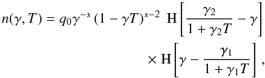 \appendix \setcounter{section}{1} \begin{eqnarray} \label{nleldisAPP} n(\gamma,T)=q_0\gamma^{-s}\left( 1-\gamma T \right)^{s-2}\HSF{\frac{\gamma_2}{1+\gamma_2 T} -\gamma} \nonumber \\ \times \HSF{\gamma- \frac{\gamma_1}{1+\gamma_1 T}}\, , \end{eqnarray}