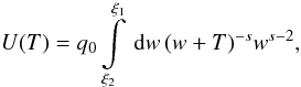 \appendix \setcounter{section}{2} \begin{eqnarray} \label{impltimecalc3} U(T)=q_0\intl_{\xi_2}^{\xi_1}\td{w}(w+T)^{-s}w^{s-2}, \end{eqnarray}